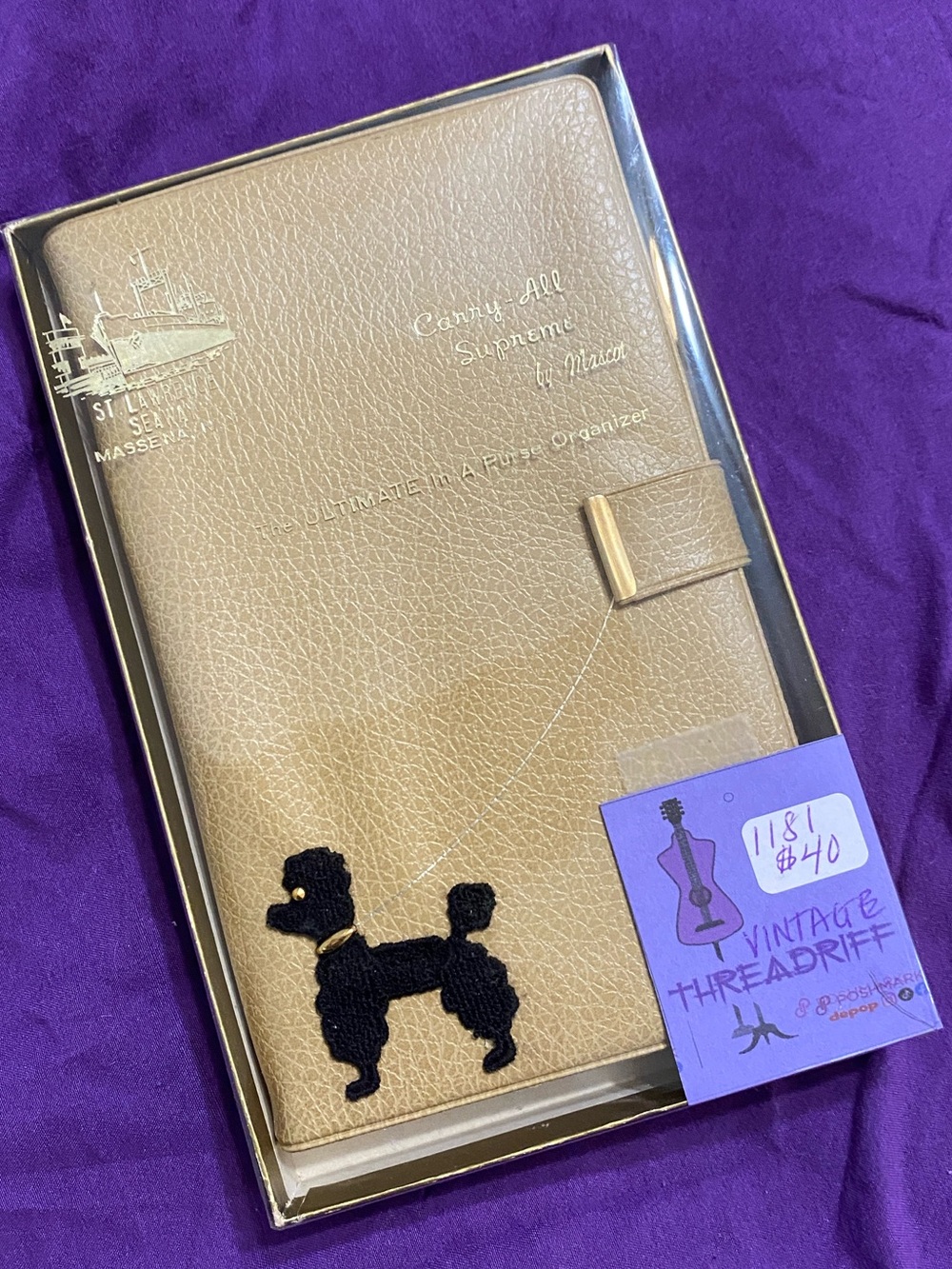 Vintage 1950s Poodle Beige Leather Carry-All Travel Purse Organizer